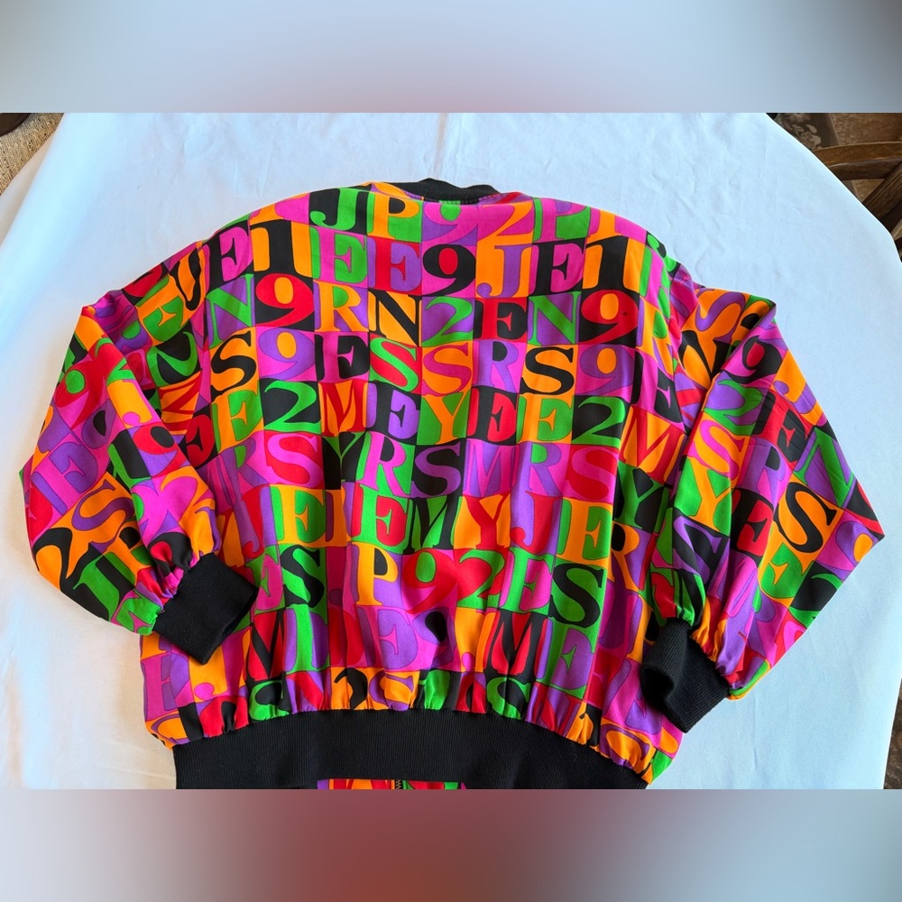 Vintage Spenser Jeremy Colorful Alphabet & Numbers Silk Bomber Jacket Sz Medium - Picture 8 of 9